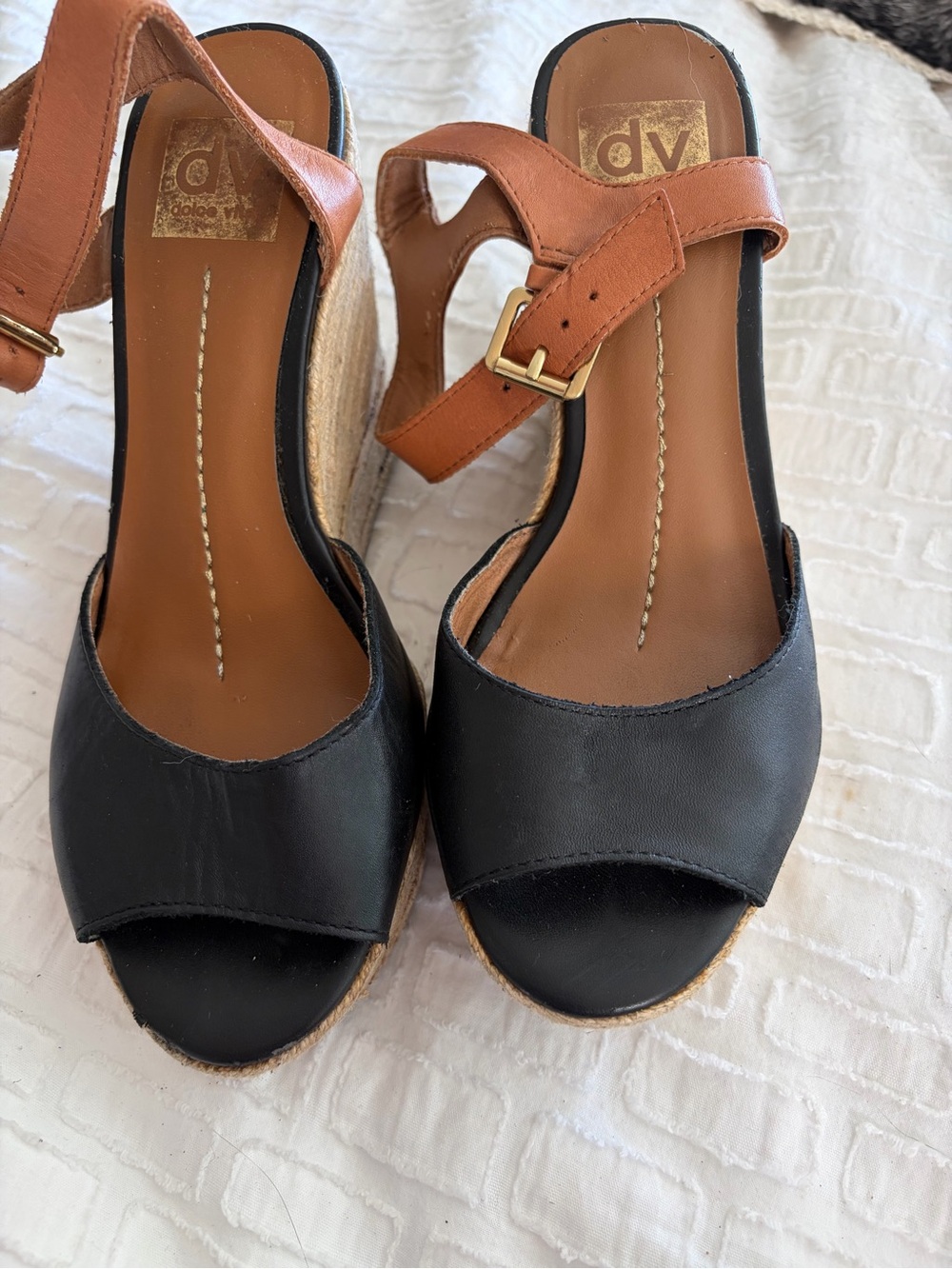 DV by Dolce Vita Black and Tan Espadrille Wedge Sandals with Ankle Strap